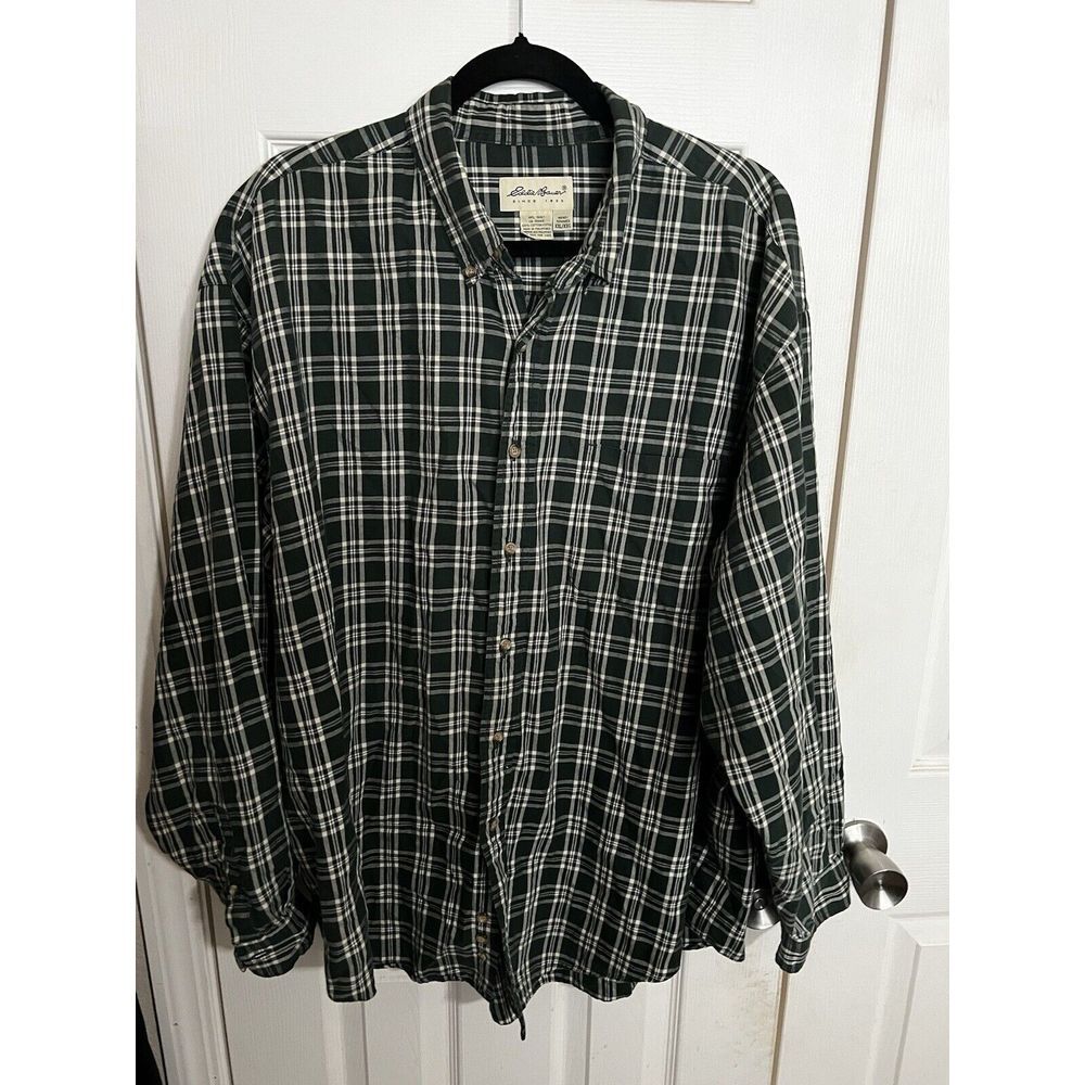 Eddie Bauer Plaid Shirt XXL Long Sleeve Green White Cotton Button Down